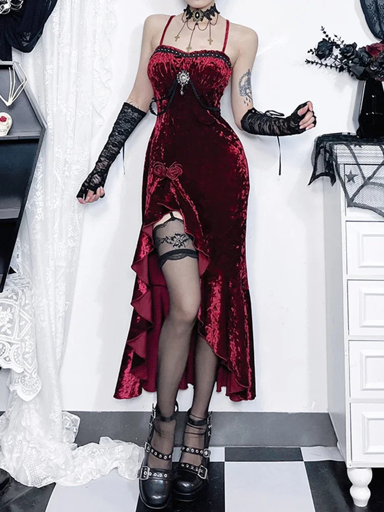 Red Velvet Split Spaghetti Strap Midi Dress