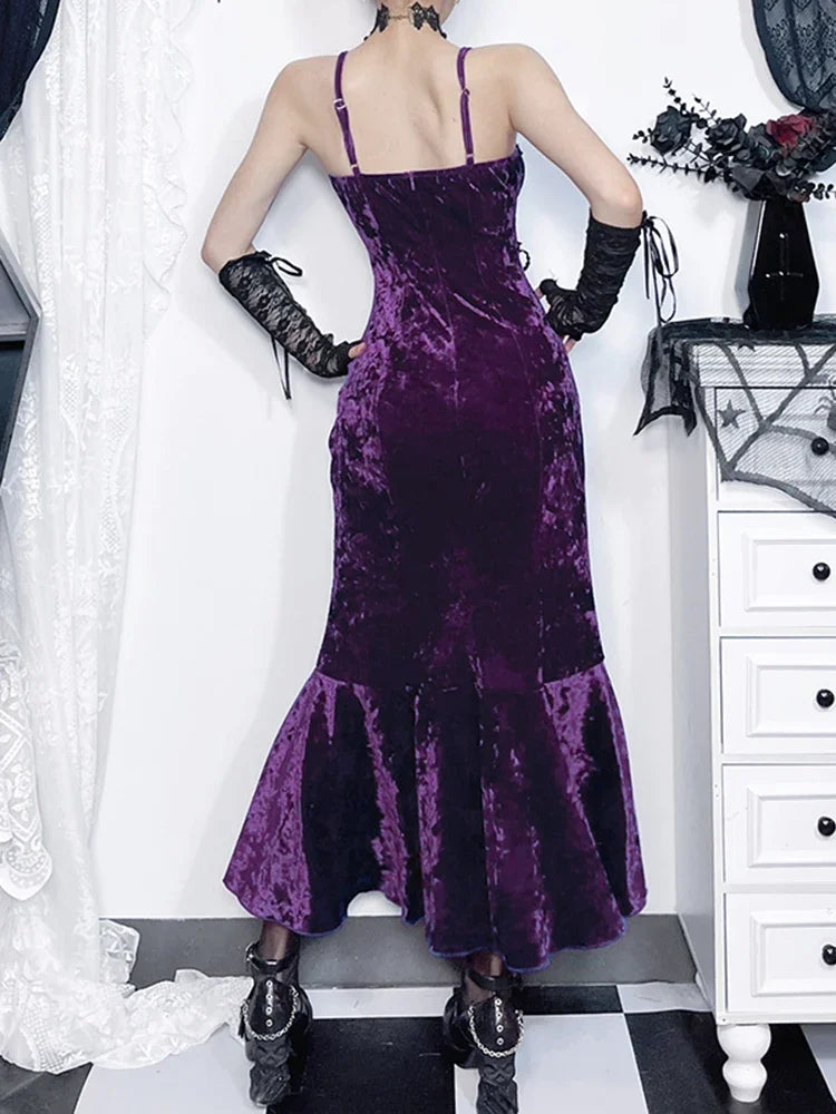 Red Velvet Split Spaghetti Strap Midi Dress