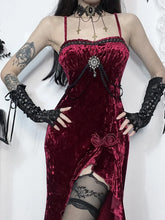 Red Velvet Split Spaghetti Strap Midi Dress