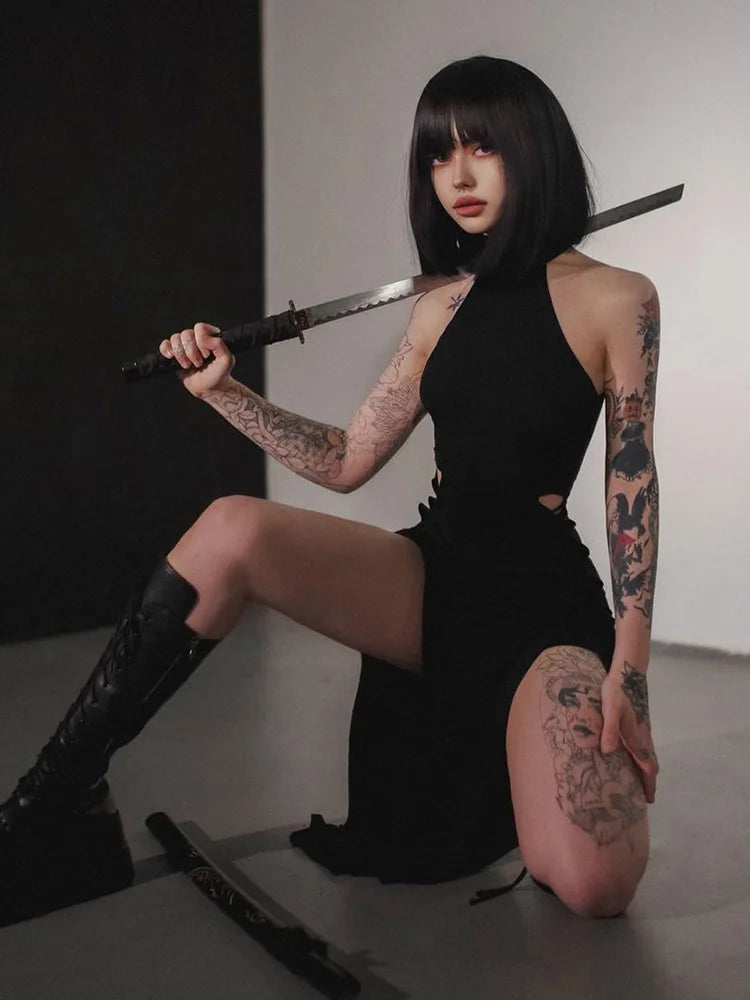 Vintage Cyberpunk Hollow Lace-Up Maxi Dress