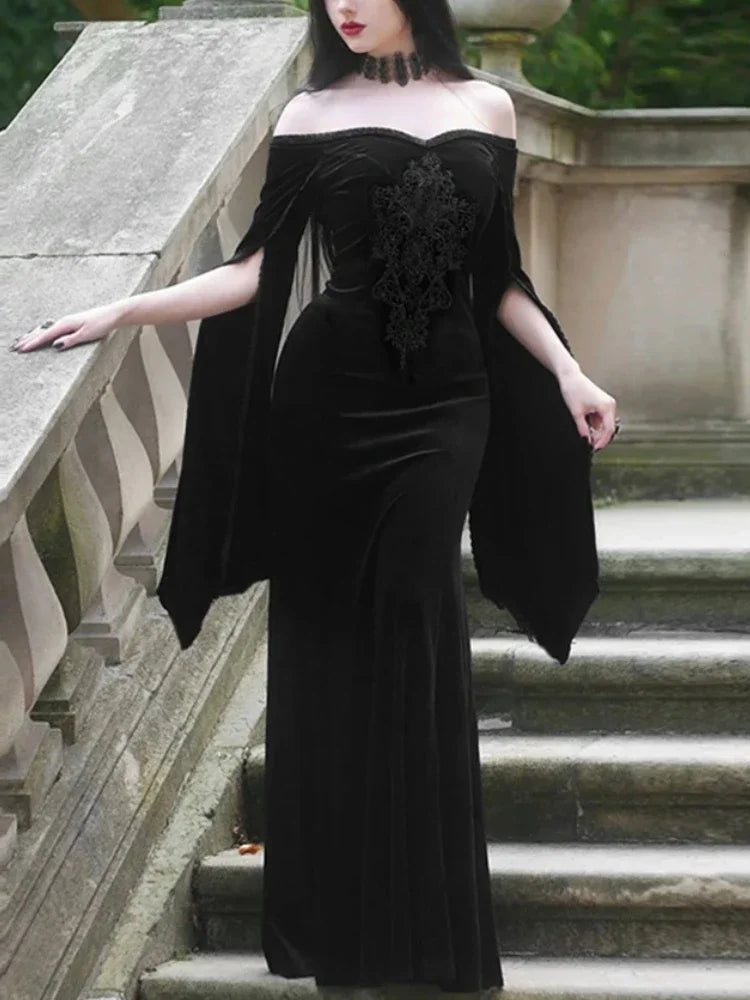 Dark Velvet Embroidery Off-Shoulder Maxi Dress