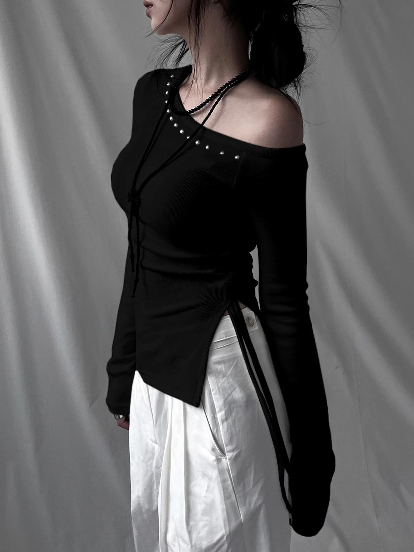 Rivet Skew Collar Knit Top