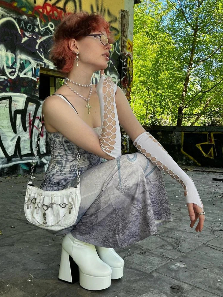 Emo Y2K Butterfly Printed High Waist Maxi Dress