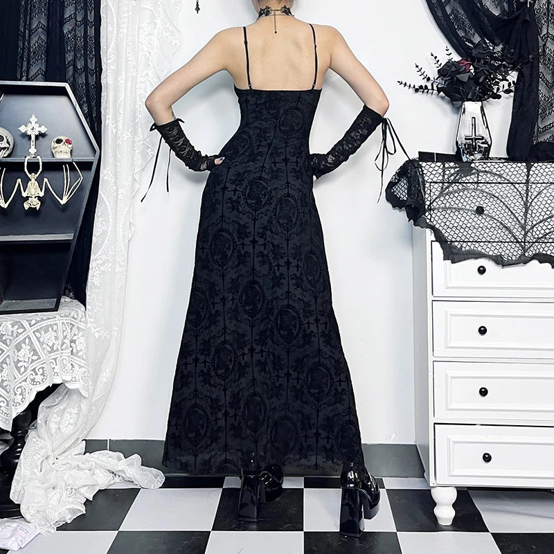 Flocking Mesh Party Sling Maxi Dress