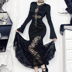 Hooded Cross Hollow Lace Maxi Dress