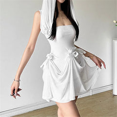 Strapless Hooded Bow Mesh Maxi Dress