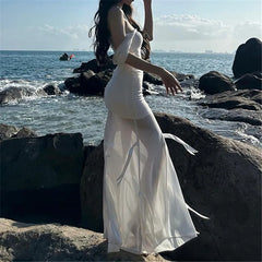 Strapless Hooded Bow Mesh Maxi Dress