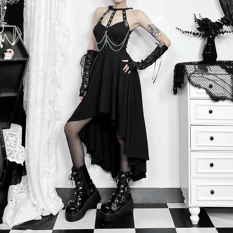 Chains Decor Halter Swing Midi Dress