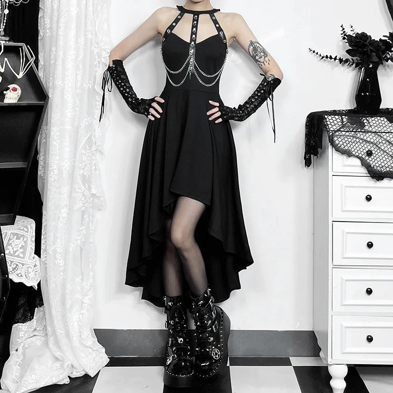 Chains Decor Halter Swing Midi Dress