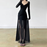 V-Neck Irregular Hem Gothic Maxi Dress