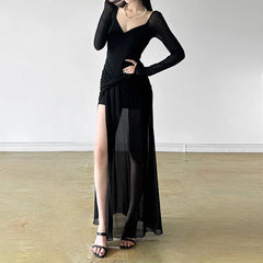 V-Neck Irregular Hem Gothic Maxi Dress