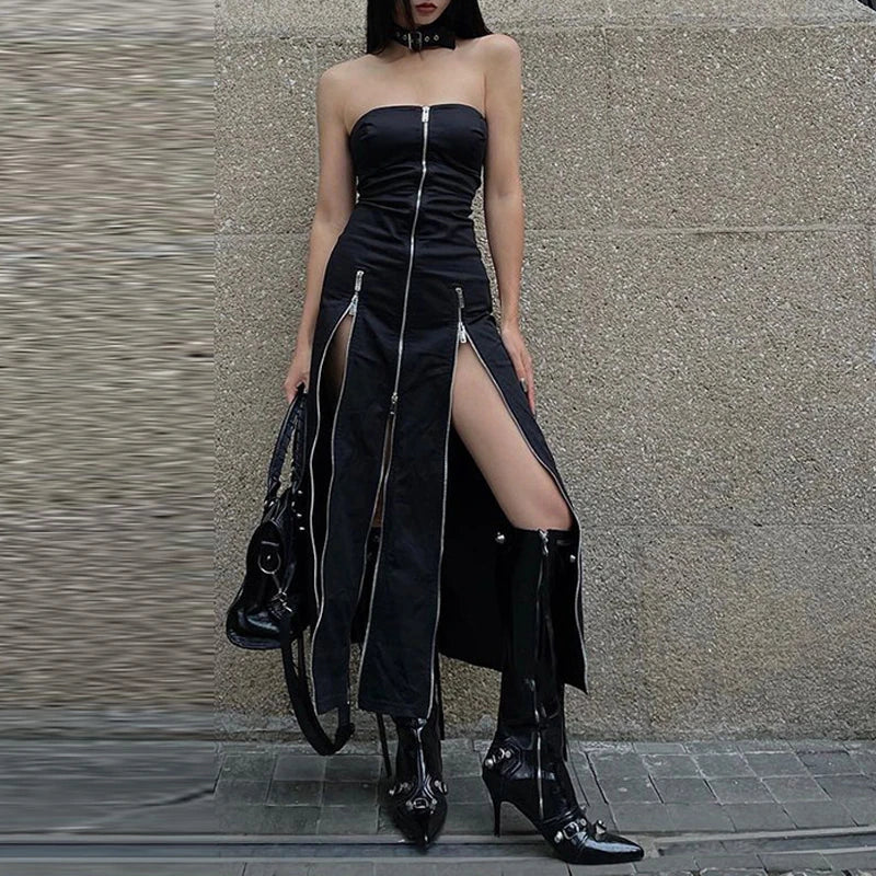 Techwear Zip Up Split Black Midi Dress