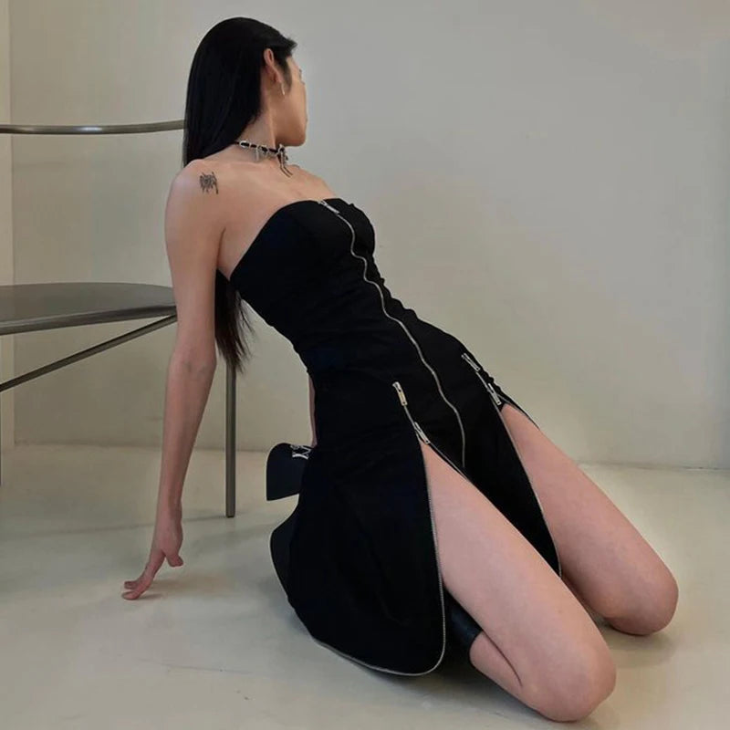 Techwear Zip Up Split Black Midi Dress