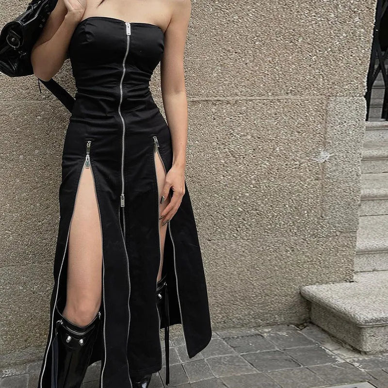 Techwear Zip Up Split Black Midi Dress