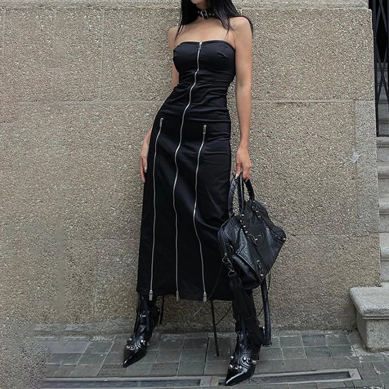 Techwear Zip Up Split Black Midi Dress