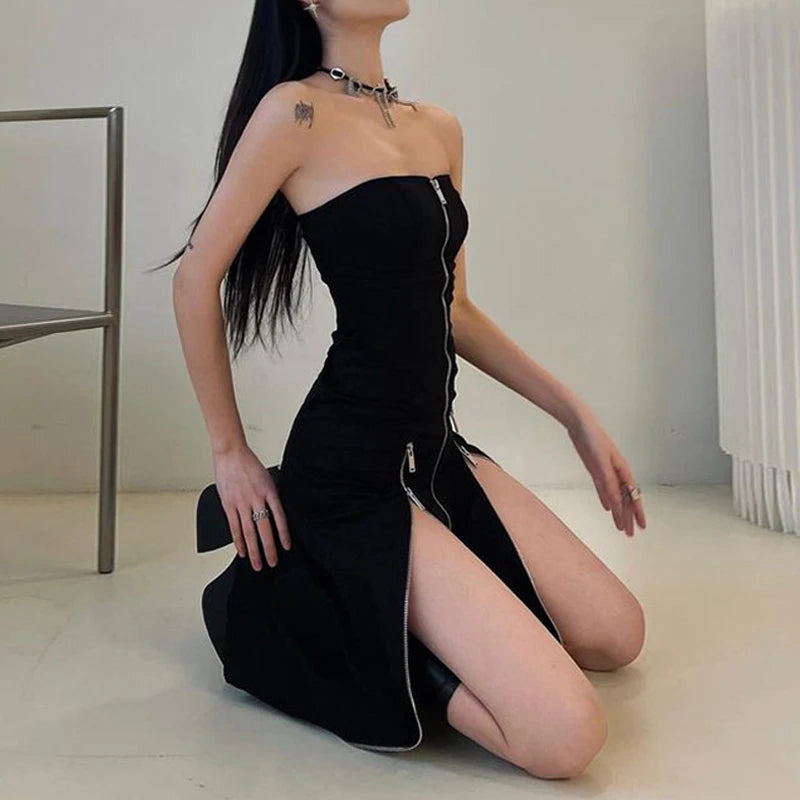 Techwear Zip Up Split Black Midi Dress