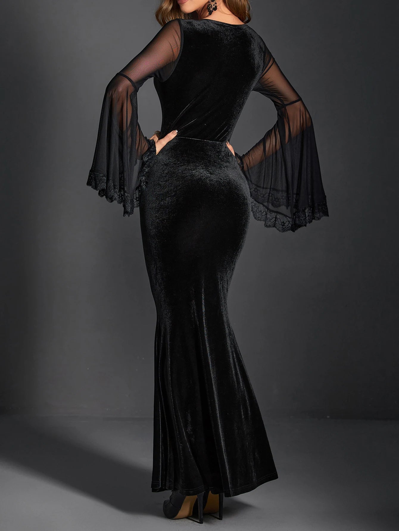 Ruched Mesh Flare Sleeve Maxi Dress