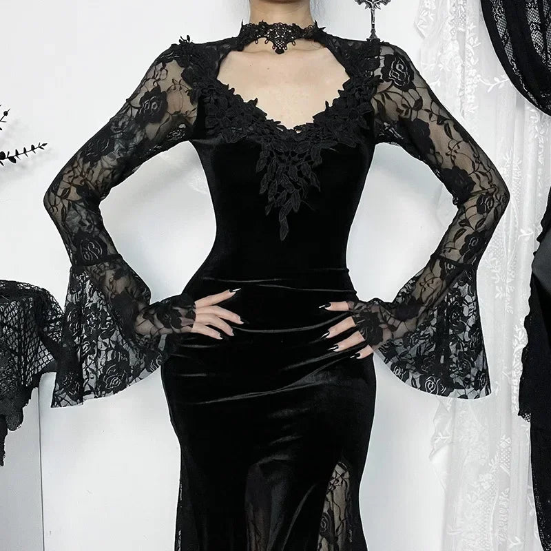 Gothic Lace Trumpet Slim Midi Dress