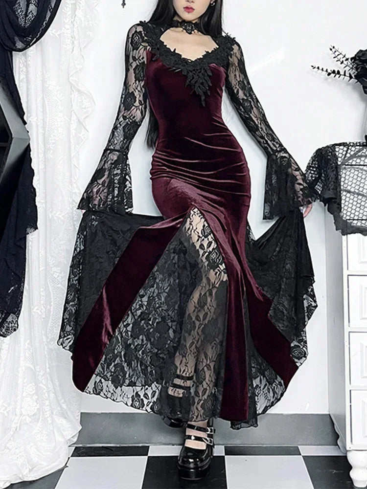 Gothic Lace Trumpet Slim Midi Dress