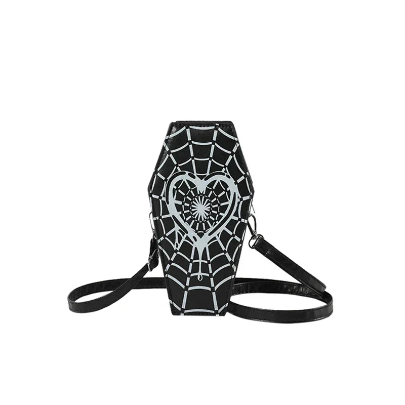 Gothic Coffin Small Spider Web Pu Leather Halloween Designer Bag Black
