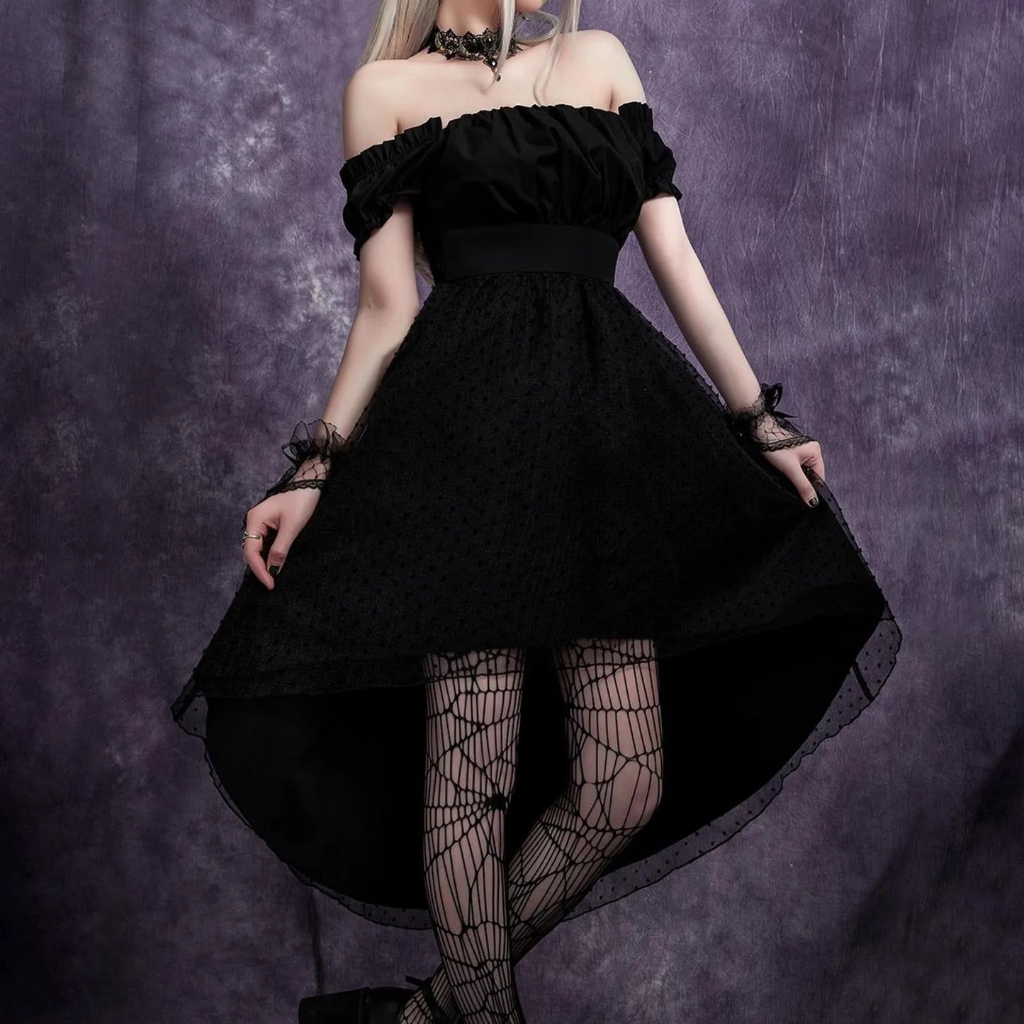 Off Shoulder Mesh Dovetail Midi Dress