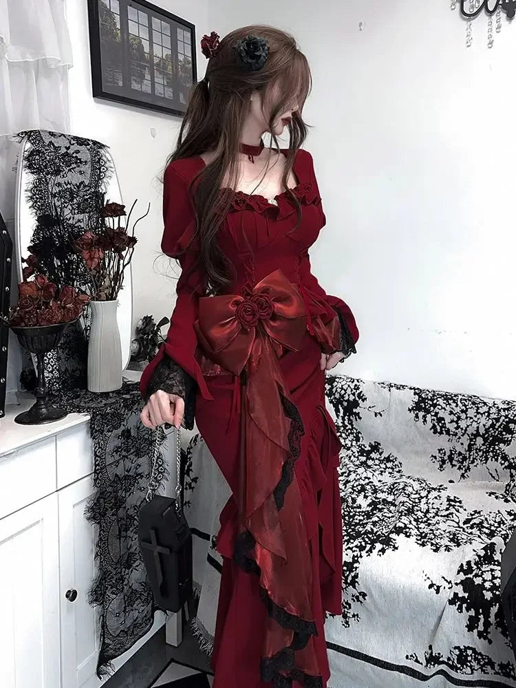 Retro Velvet High Waist Punk Midi Dress