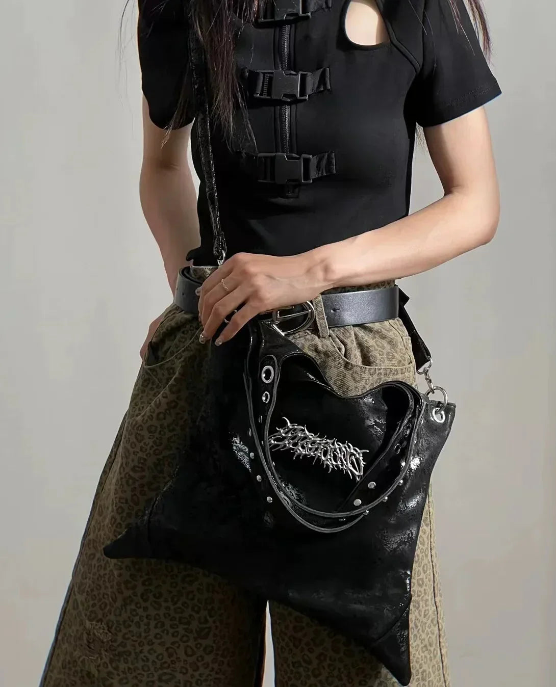 Grunge Black Gothic Dark Pu Leather Large Capacity Vintage Rivet Messenger Bag Halloween