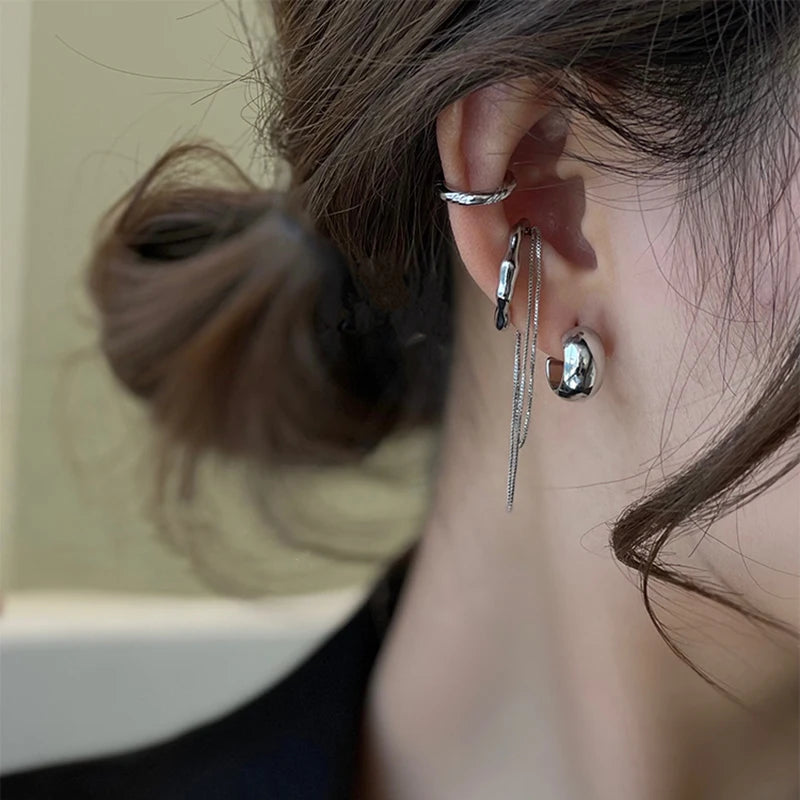 Geometric Tassel Chain Metal Clip Earring