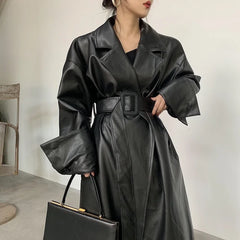 Oversized Lapel Leather Long Coat