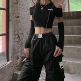 Patchwork Black One Shoulder Crop Top