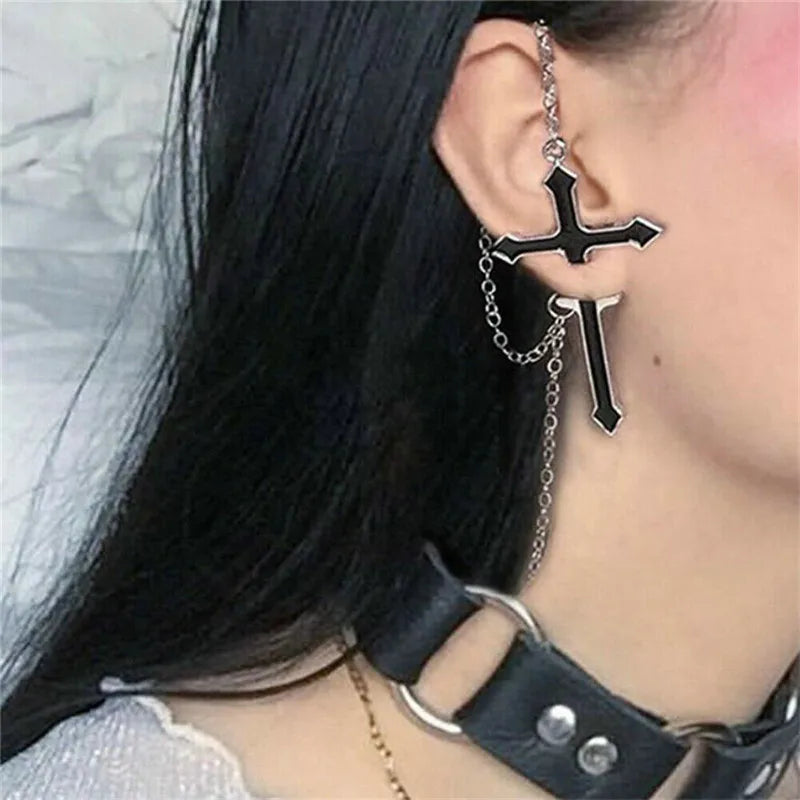 Y2K Goth Heart Cross Red Zircon Tassel Earring