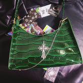 Punk Gothic Y2K High Street Cross Chains Crocodile Pattern Green Underarm Bag Halloween