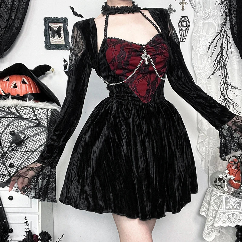 Red Lace Velvet Mini Dress