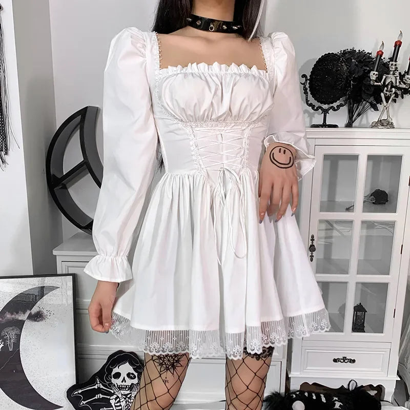White Lace Puff Mini Dress