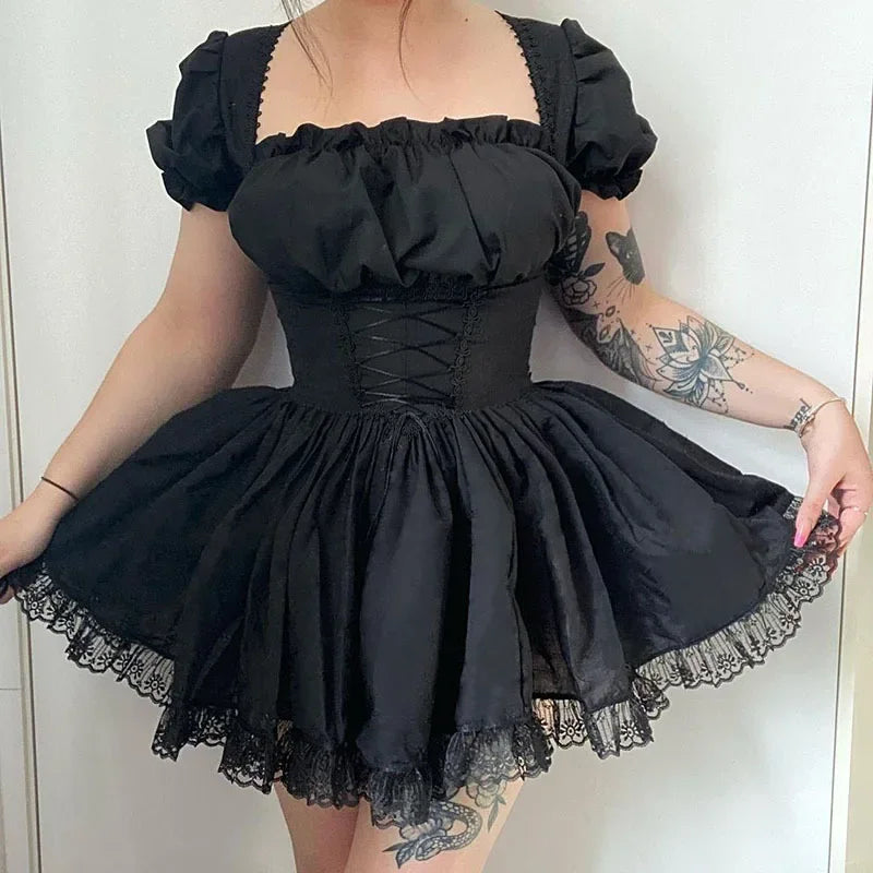 White Lace Puff Mini Dress