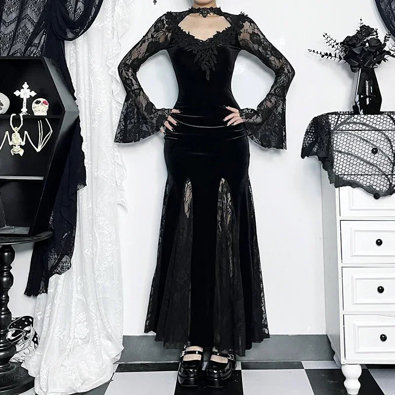 Patchwork Velvet Long Sleeve Midi Dress