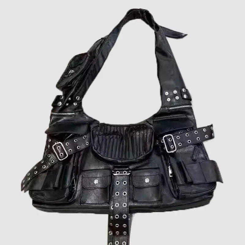 Luxury Designer Multiple Pockets Rivet Wide Strap Knot Shoulder Moto Bag Halloween