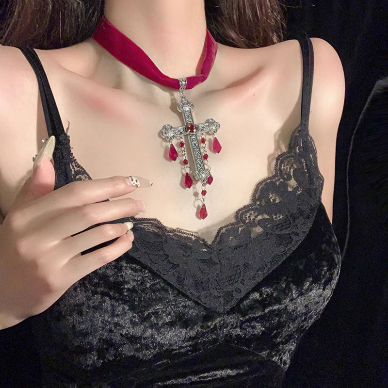 Gothic Cross Blood Drop Tassel Red Velvet Unique Necklace Halloween