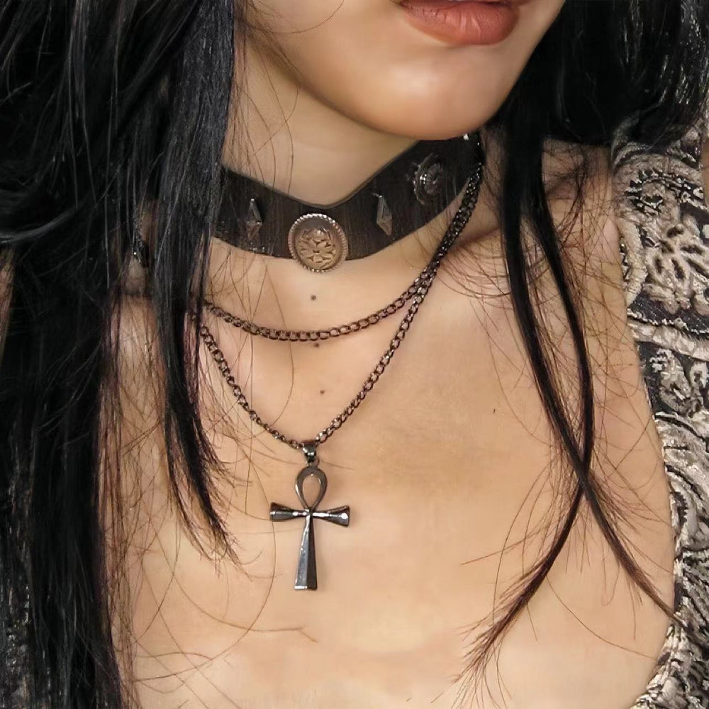 Layered Cross Brown Leather Choker Roman Rivet Punk Versatile Necklace Halloween