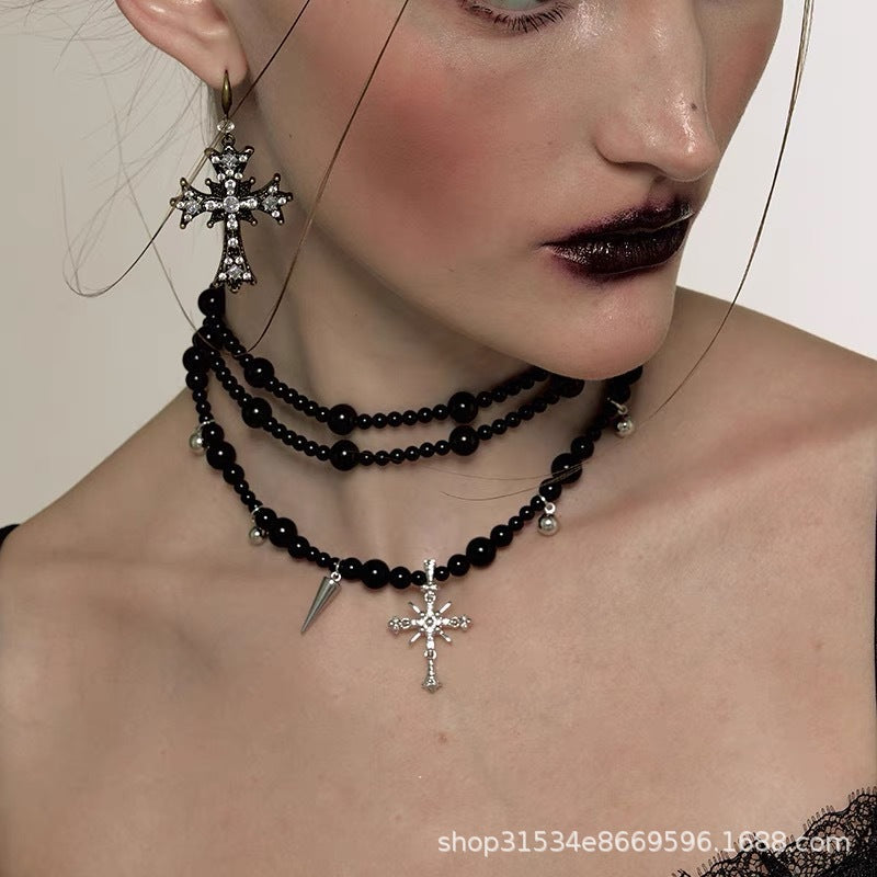 Dark Gothic Cross Beaded Multi-Layer Sweater Necklace Black Halloween