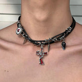 Hip-Hop Dark Cross Rivet Triple Leather Necklace Halloween