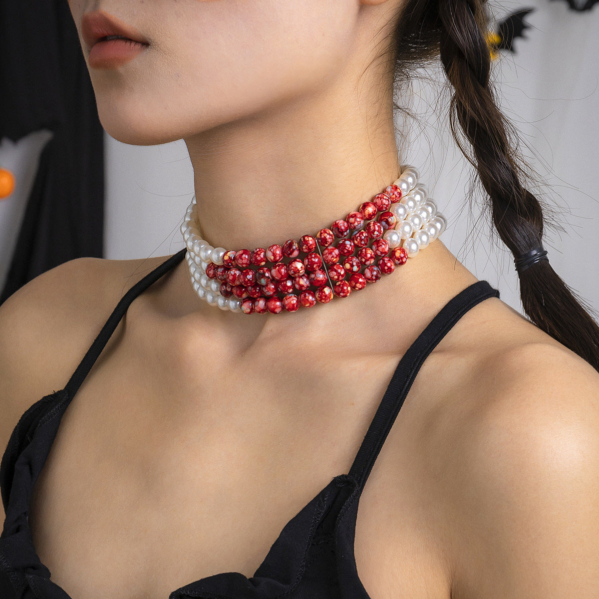 Halloween Beaded Creative Blood Drop Tassel High-End Red Personality Necklace