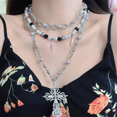 Gothic Beaded Thorn Heavy Punk Cross Pendant Vintage Layered Necklace Halloween