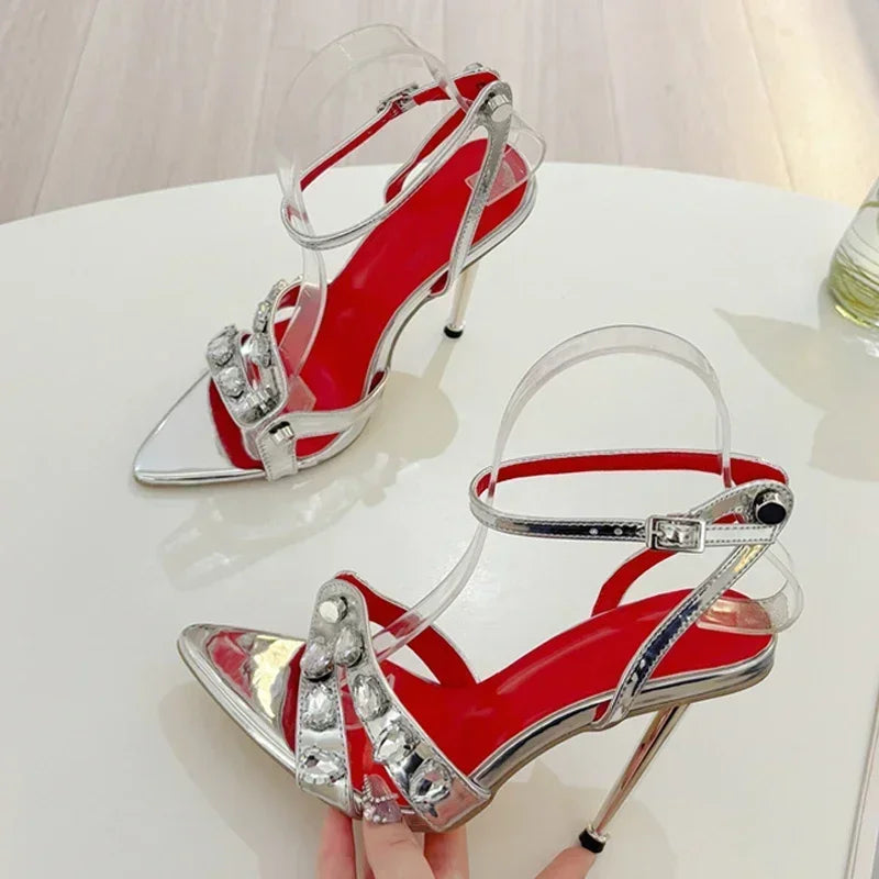 Pointed Toe Gothic Gem Metal Rivet High Heel Sandals