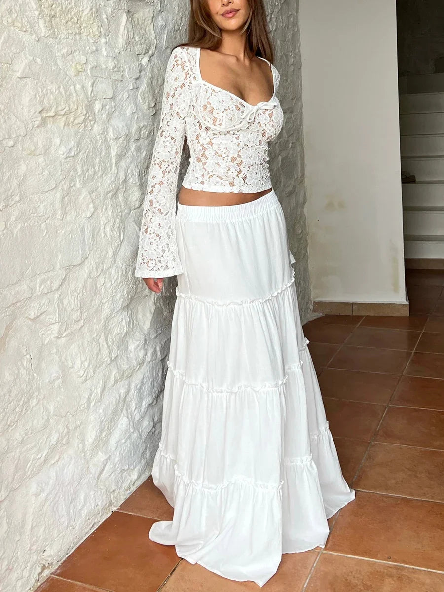 Lace Long Sleeve See Through Blouse
