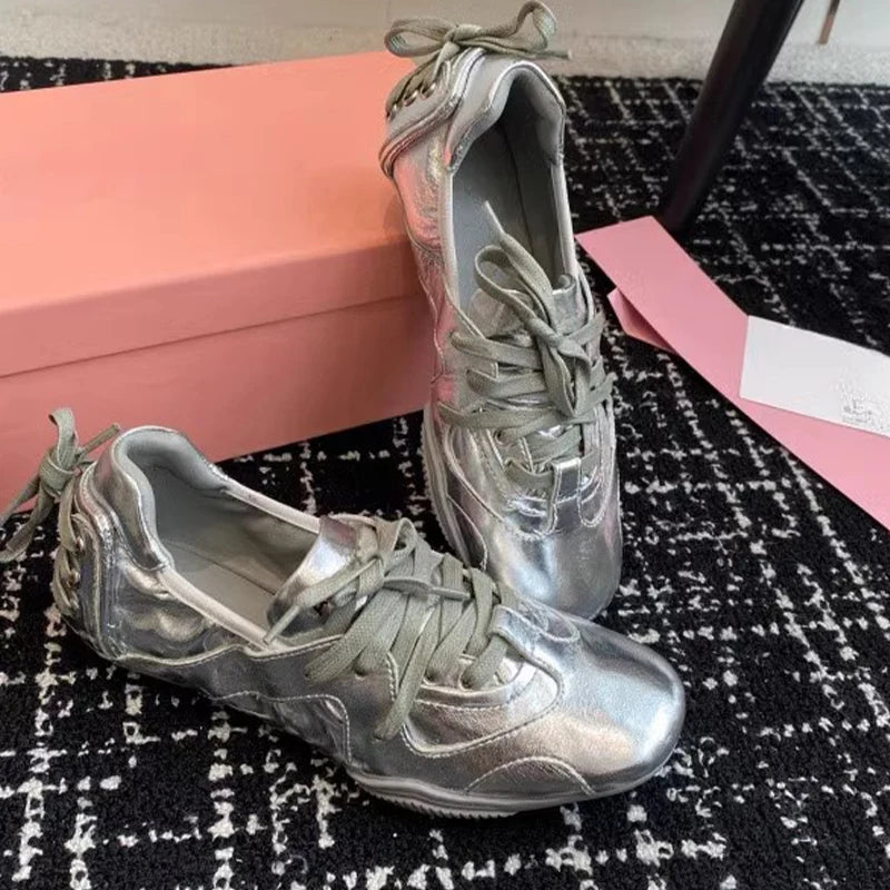Vintage Denim Lace-Up Blue Pearl Bow Flat