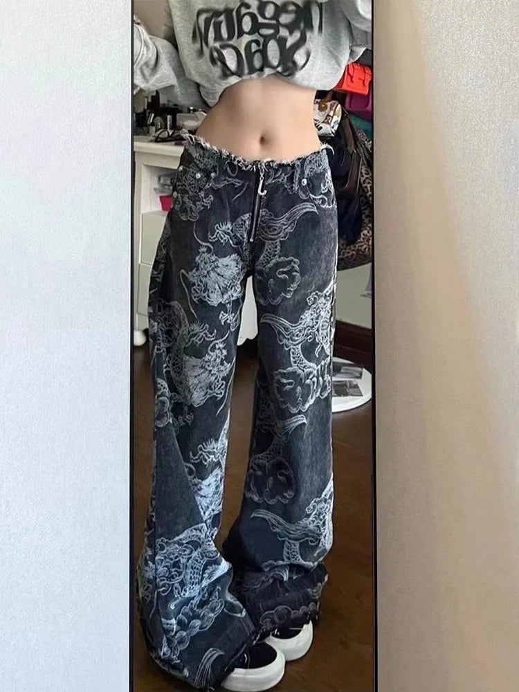 Black Gothic Dragon Print Baggy Pant