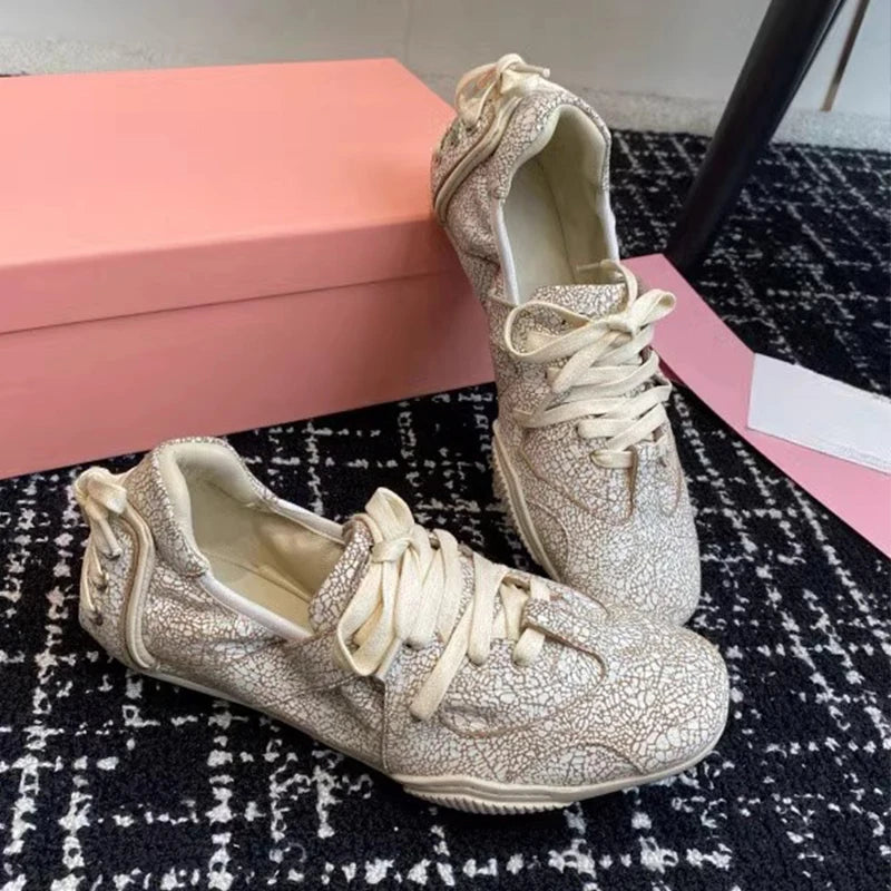 Vintage Denim Lace-Up Blue Pearl Bow Flat