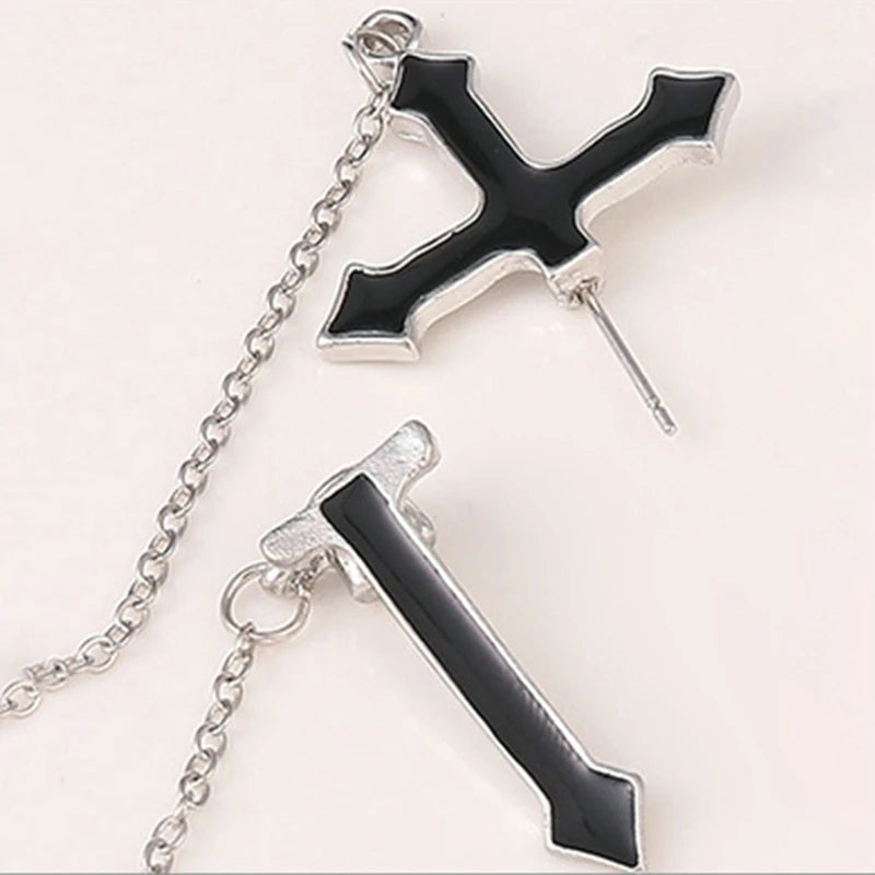 Y2K Goth Heart Cross Red Zircon Tassel Earring