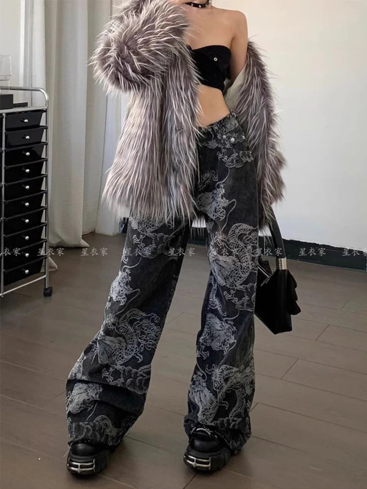 Black Gothic Dragon Print Baggy Pant